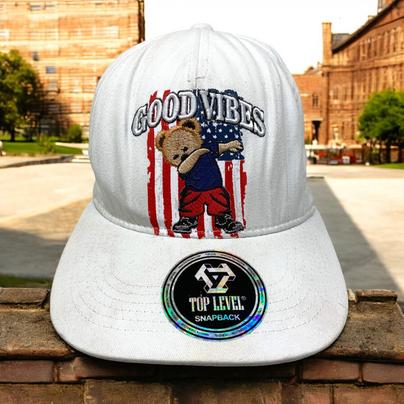 Top Level "Good Vibes" Embroidered Bear USA Flag White Cotton Snapback Hat Cap - Picture 1 of 6